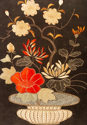 Lot 1048 - A pair of Japanese silk embroidered pictures,...