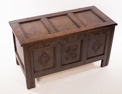 Lot 1129 - A Jacobean chest with hinged panelled top and...