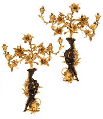 Lot 1275 - A pair of ormolu five-light wall lights with...