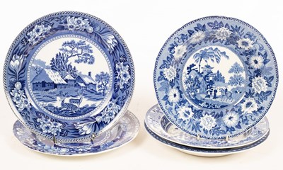 Lot 1330 - Five English blue and white bowls, to include...