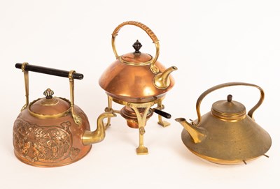 Lot 1364 - A copper and brass kettle on stand with rattan...