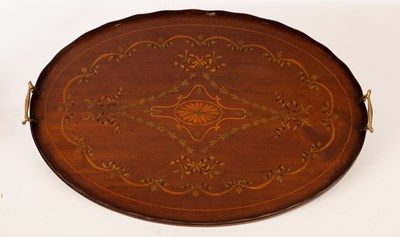 Lot 1407 - An Edwardian oval inlaid tray with central...