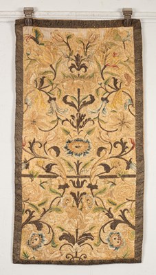 Lot 475 - A mid 18th Century silk embroidered, crewelwork and wirework wall hanging