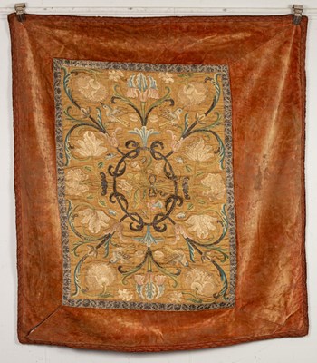 Lot 474 - A mid 18th Century silk and metal thread embroidered wall hanging