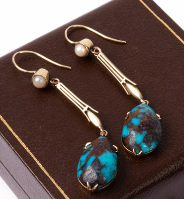 Lot 47 - A pair of turquoise and pearl drop earrings