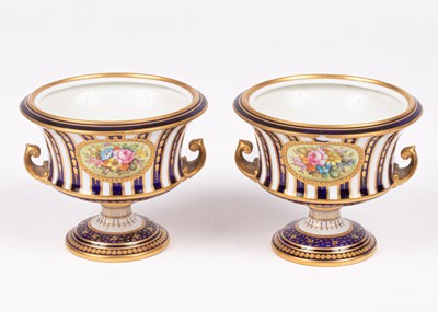 Lot 245 - A pair of Royal Crown Derby urn-shaped pedestal vases