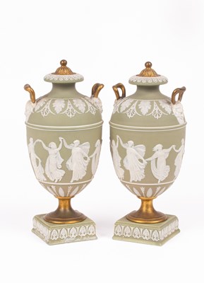 Lot 249 - A pair of Wedgwood green jasper vases