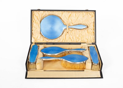 Lot 402 - A silver and blue enamel dressing set