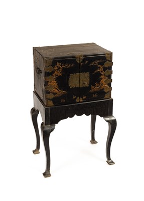 Lot 259 - A Chinese small black and gilt lacquer cabinet on stand