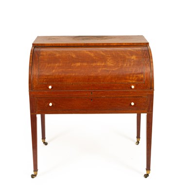 Lot 162 - A late George III figured mahogany and rosewood crossbanded cylinder desk