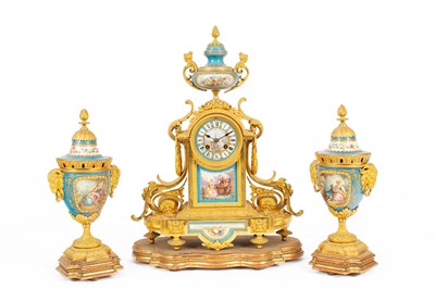 Lot 55 - A French ormolu mounted Sèvres style porcelain garniture de Cheminee