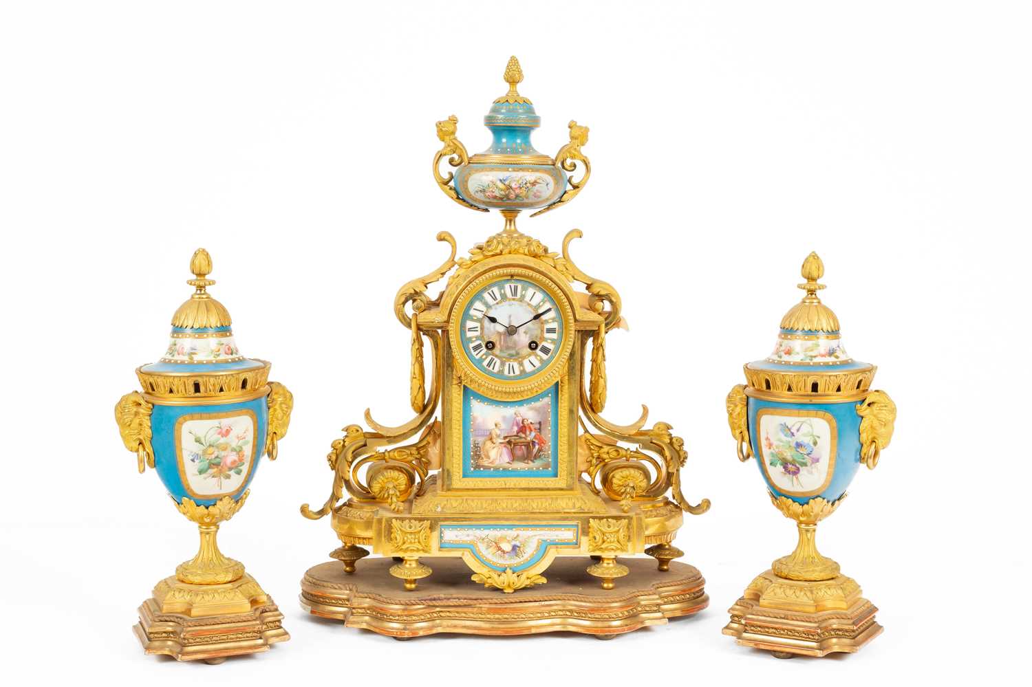 Lot 55 - A French ormolu mounted Sèvres style porcelain garniture de Cheminee