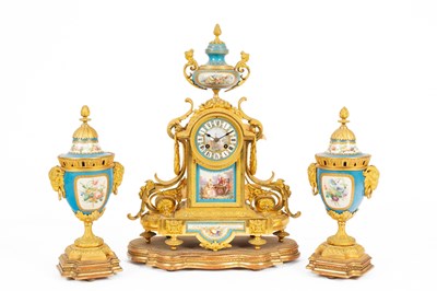 Lot 55 - A French ormolu mounted Sèvres style porcelain garniture de Cheminee