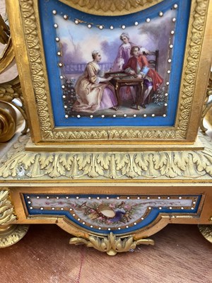 Lot 55 - A French ormolu mounted Sèvres style porcelain garniture de Cheminee