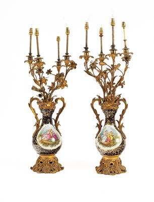 Lot 288 - A pair of French gilt-brass mounted two-handled candelabra vases