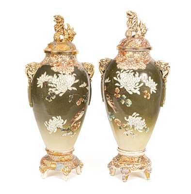 Lot 89 - A pair of Japanese Satsuma two-handled baluster vases, stands and covers