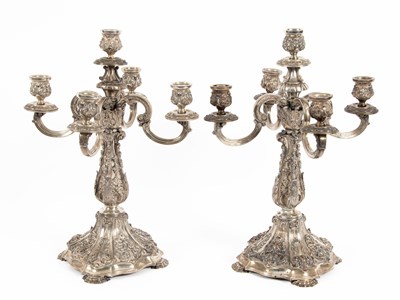 Lot 432 - A pair of Portuguese silver five-branch candelabra