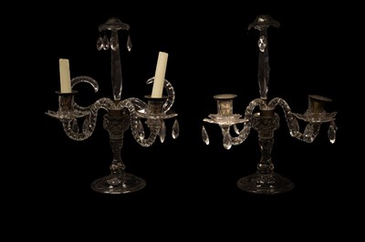 Lot 106 - A pair of George III cut glass twin-branch candelabra