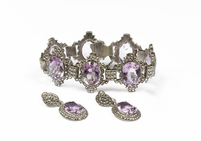 Lot 237 - An Art Deco amethyst and marcasite bracelet and earrings