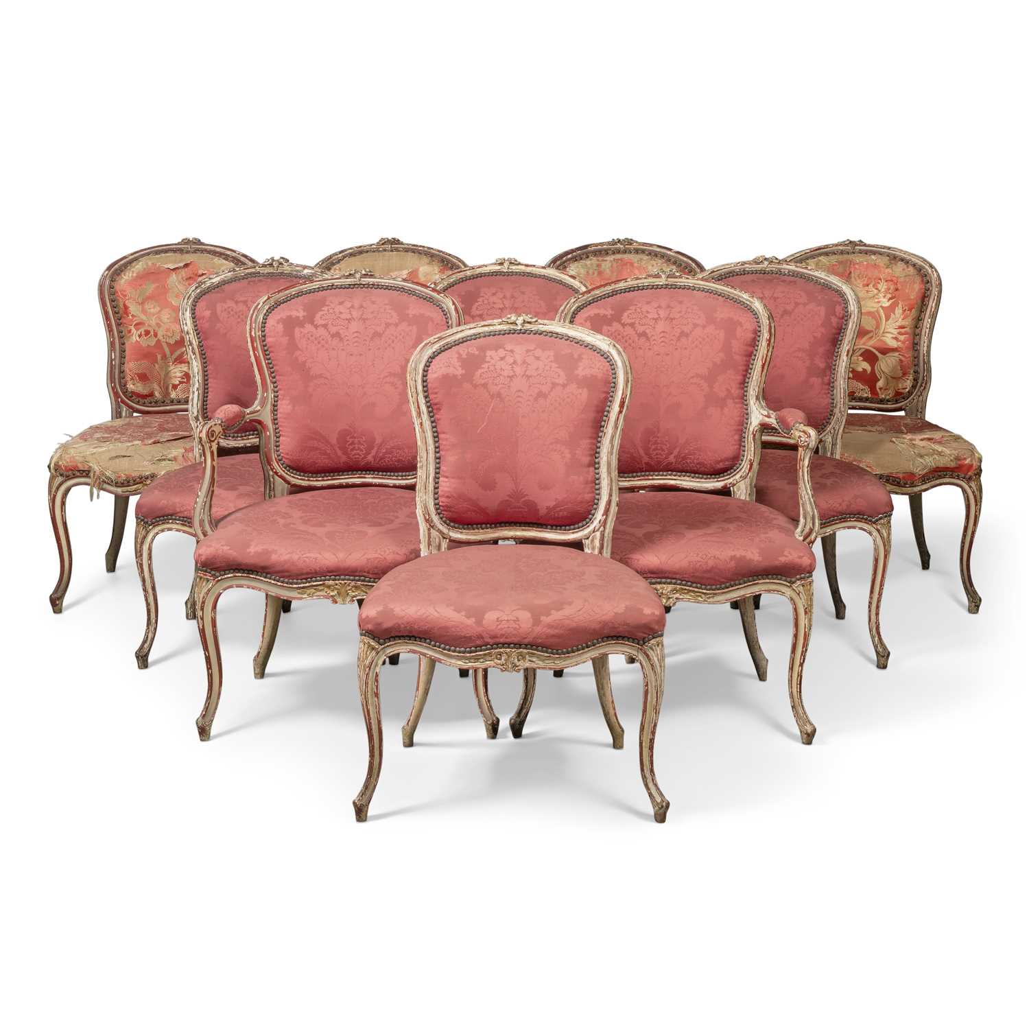 Lot 72 - A set of ten George III parcel-gilt, red and white painted drawing room chairs