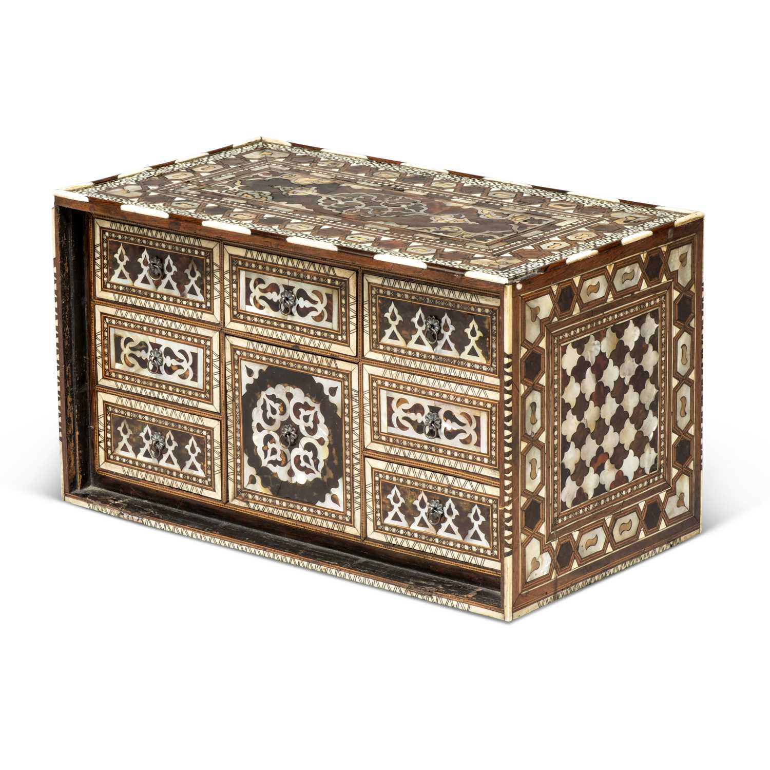 Lot 139 - An Ottoman Turkish tortoiseshell, bone and mother-of-pearl inlaid walnut table cabinet