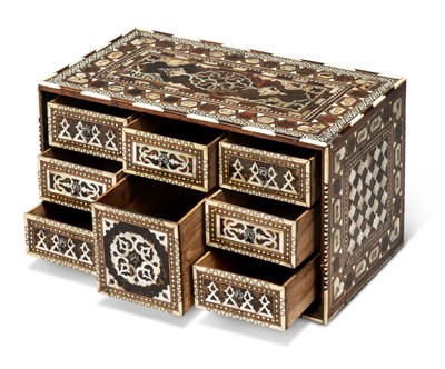 Lot 139 - An Ottoman Turkish tortoiseshell, bone and mother-of-pearl inlaid walnut table cabinet