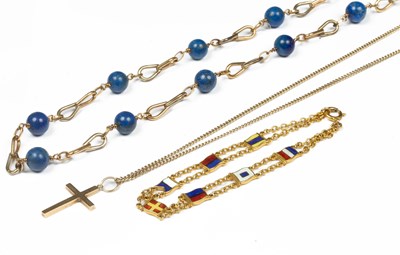 Lot 356 - A 9ct gold chain link necklace set with lapis lazuli beads