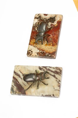 Lot 855 - Two small bronze models of stag beetles