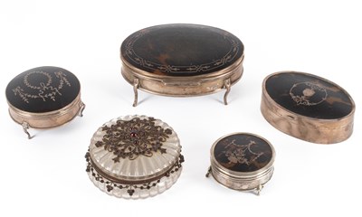 Lot 303 - A group of silver and tortoiseshell mounted dressing table boxes