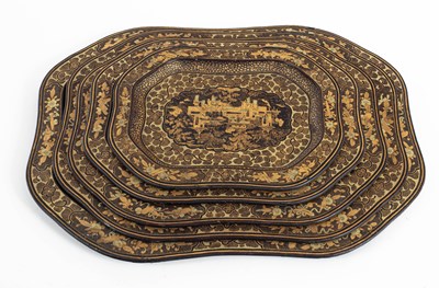 Lot 710 - A nest of five Chinese export black lacquer trays