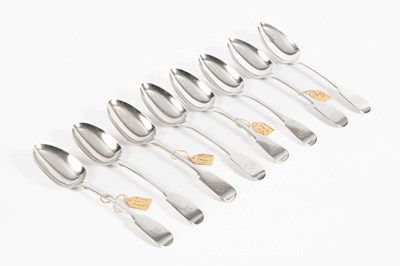 Lot 336 - Eight fiddle pattern silver tablespoons