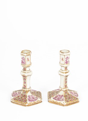 Lot 677 - A pair of octagonal Berlin porcelain tapersticks