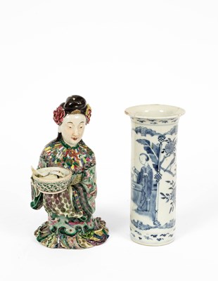 Lot 603 - A Japanese figure of a kneeling woman holding a bowl and cover