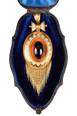 Lot 255 - A Victorian cabochon garnet and enamel pendant