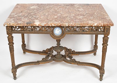 Lot 55 - A marble top centre table on gold painted frame with jasperware panels to each side