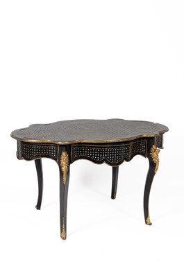 Lot 98 - A French ebonised mother-of-pearl and brass inlaid centre table