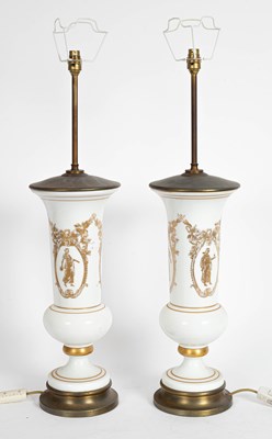 Lot 106 - A pair of tall white opaline glass urn-shaped vases