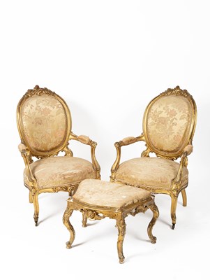 Lot 468 - A pair of French gilt framed open armchairs