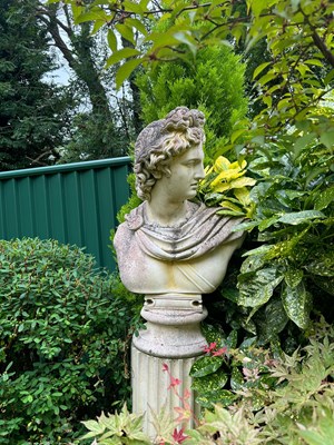 Lot 23 - A pair of Tritonstone busts of Roman gods, Hercules and Apollo Belvedere, each with stone plinth
