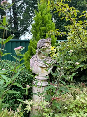 Lot 23 - A pair of Tritonstone busts of Roman gods, Hercules and Apollo Belvedere, each with stone plinth