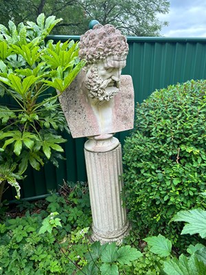 Lot 23 - A pair of Tritonstone busts of Roman gods, Hercules and Apollo Belvedere, each with stone plinth