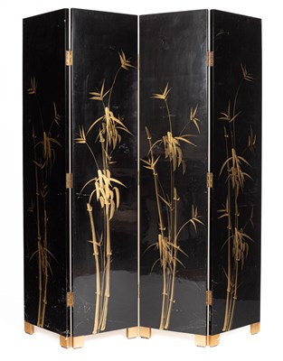 Lot 215 - An Oriental black and gilt lacquered four-panel screen