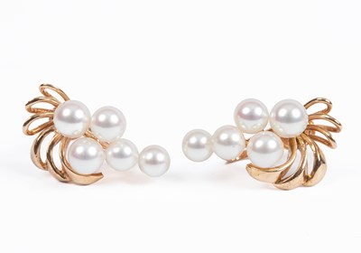 Lot 376 - A pair of 14K gold and cultured pearl cluster earrings