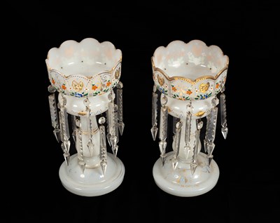 Lot 284 - A pair of white opaline glass table lustres