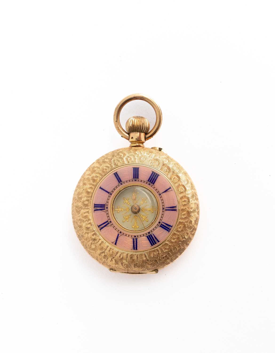 Lot 308 - A 14K gold and enamel lady's half-hunter fob watch