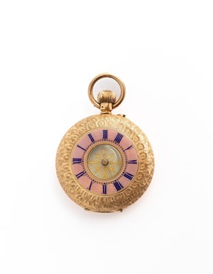 Lot 308 - A 14K gold and enamel lady's half-hunter fob watch