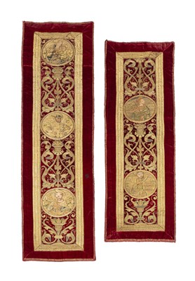 Lot 10 - Two Italian red velvet and metal thread Orphrey panels