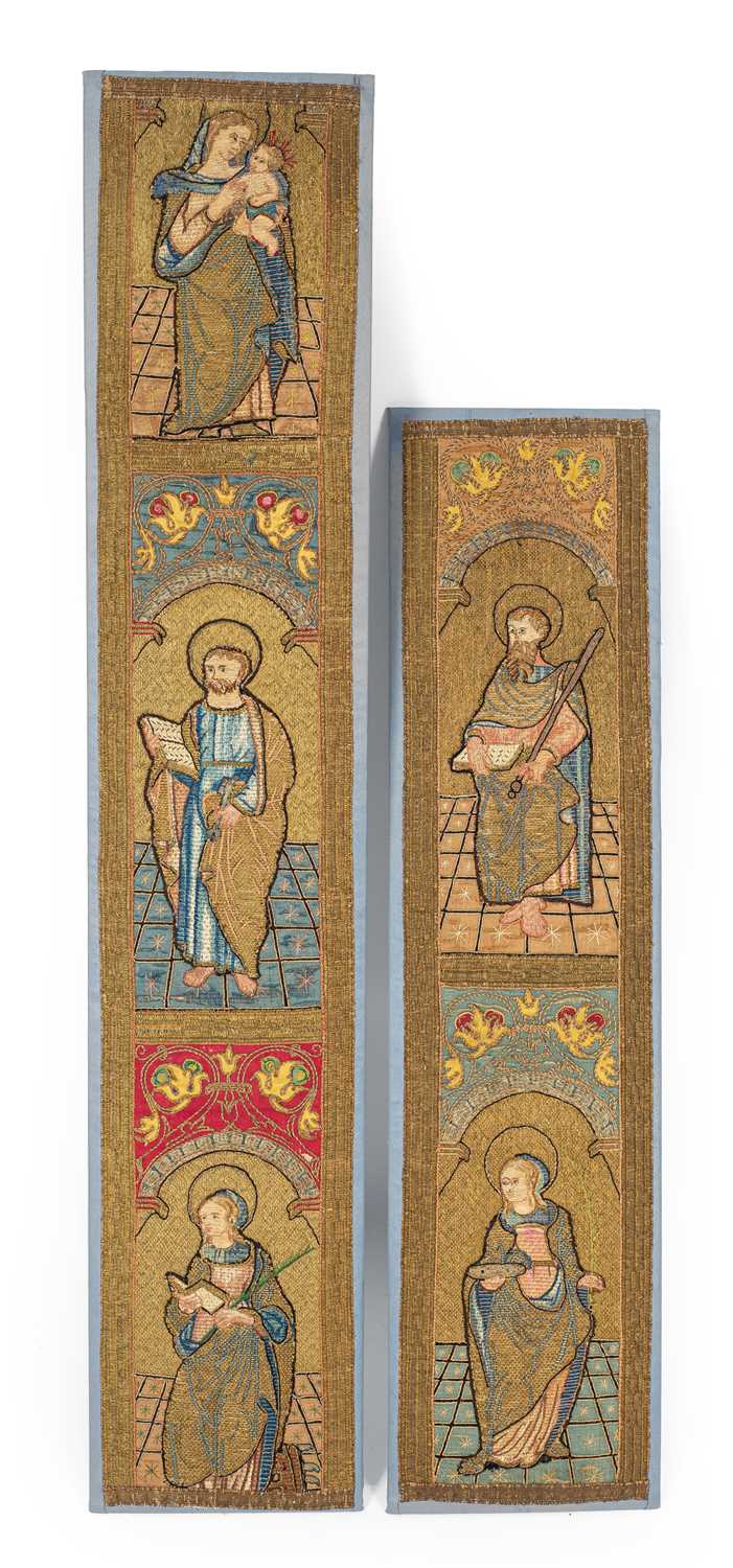 Lot 52 - A set of two fine silk and metal thread needlework orphrey panels