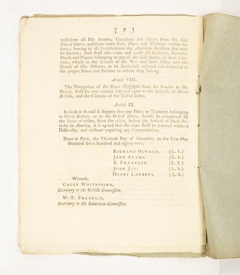 Lot 404 - [Treaty of Paris] Provisional Articles, Signed at Paris, the 30th of November 1782