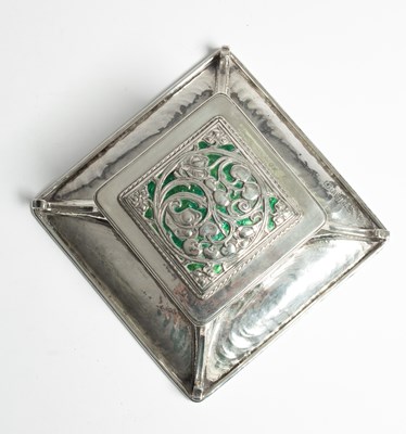 Lot 60 - An Arts & Crafts silver and green enamel inkstand